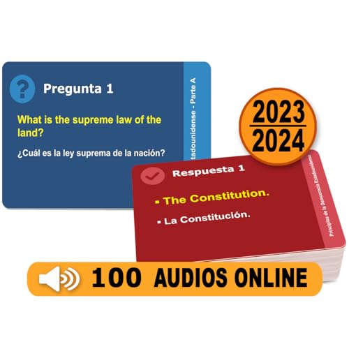 US Citizenship Flash Cards 2023-2024: Study Guide: Ciudadania Americana Spanish and English. 100 Flash Cards incluye Audios Online. USCIS 100 Preguntas y respuestas