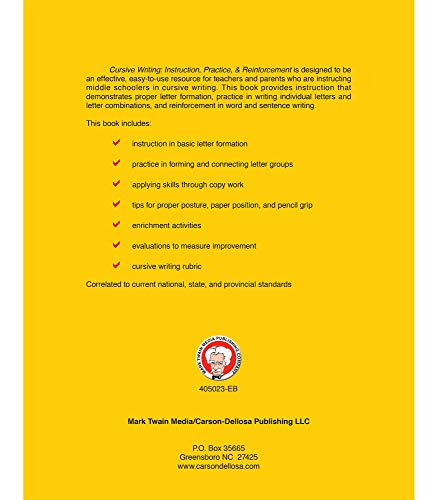 Mark Twain Cursive Handwriting Workbook for Kids Age 8-12, Letters, Sight Words, and Sentence Writing Practice, Middle School Cursive Handwriting Practice Workbook, Classroom or Homeschool Curriculum
