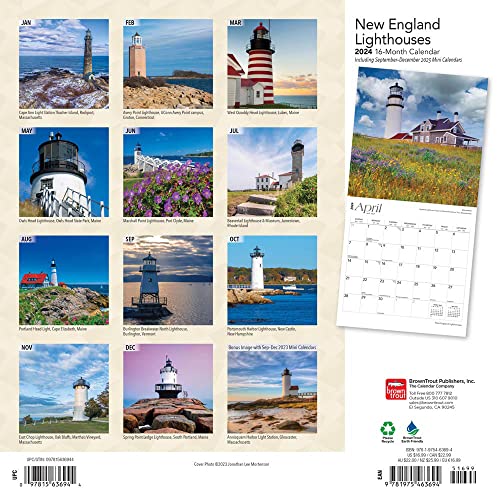 New England Lighthouses | 2024 12 x 24 Inch Monthly Square Wall Calendar | BrownTrout | USA United States of America East Coast Scenic Nature