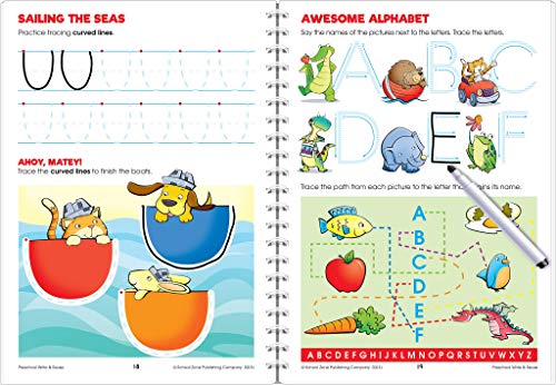 School Zone - Preschool Write & Reuse Workbook - Ages 3 to 5, Spiral Bound, Write-On Learning, Wipe Clean, Includes Dry Erase Marker, Letter Tracing, and More (School Zone Write & Reuse Workbook)
