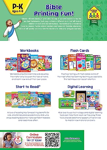 School Zone - Bible Printing Fun! Workbook - Ages, 4 to 6, Preschool to Kindergarten, Christian Scripture, Old & New Testament, Letter Recognition, and More (Inspired Learning Workbook)