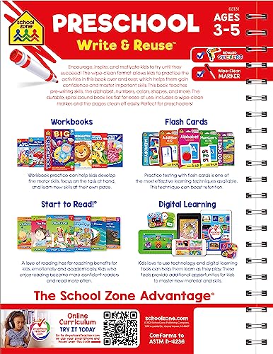 School Zone - Preschool Write & Reuse Workbook - Ages 3 to 5, Spiral Bound, Write-On Learning, Wipe Clean, Includes Dry Erase Marker, Letter Tracing, and More (School Zone Write & Reuse Workbook)