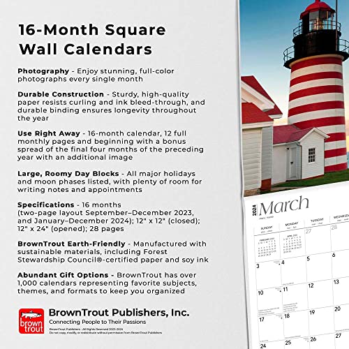 New England Lighthouses | 2024 12 x 24 Inch Monthly Square Wall Calendar | BrownTrout | USA United States of America East Coast Scenic Nature