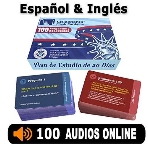 US Citizenship Flash Cards 2023-2024: Study Guide: Ciudadania Americana Spanish and English. 100 Flash Cards incluye Audios Online. USCIS 100 Preguntas y respuestas