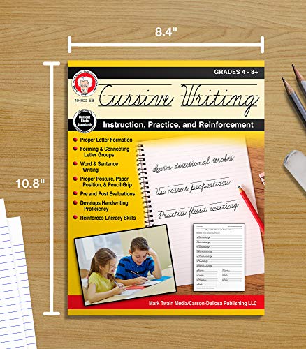 Mark Twain Cursive Handwriting Workbook for Kids Age 8-12, Letters, Sight Words, and Sentence Writing Practice, Middle School Cursive Handwriting Practice Workbook, Classroom or Homeschool Curriculum