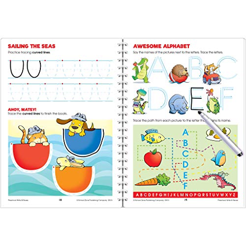 School Zone - Preschool Write & Reuse Workbook - Ages 3 to 5, Spiral Bound, Write-On Learning, Wipe Clean, Includes Dry Erase Marker, Letter Tracing, and More (School Zone Write & Reuse Workbook)